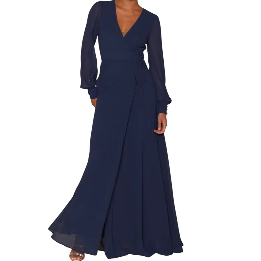 Lulus My Whole Heart Dark Navy Blue Long Sleeve Wrap Dress New